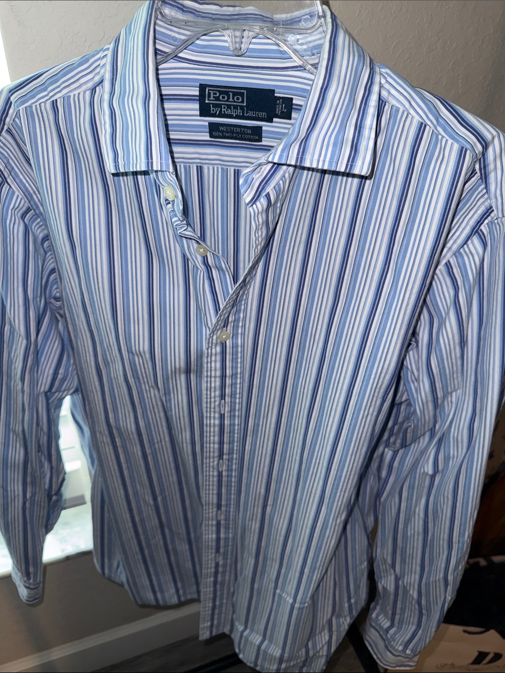 Polo by Ralph Lauren Men’s Blue and White Striped Button-Up Shirt